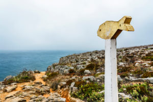 Europe, Portugal, Centro Region, Peniche Peninsula, Varanda de Dominique, signpost to fishing spot on the shore Europe, Portugal, Centro Region, Peniche Peninsula, Varanda de Dominique, signpost to fishing spot on the shore